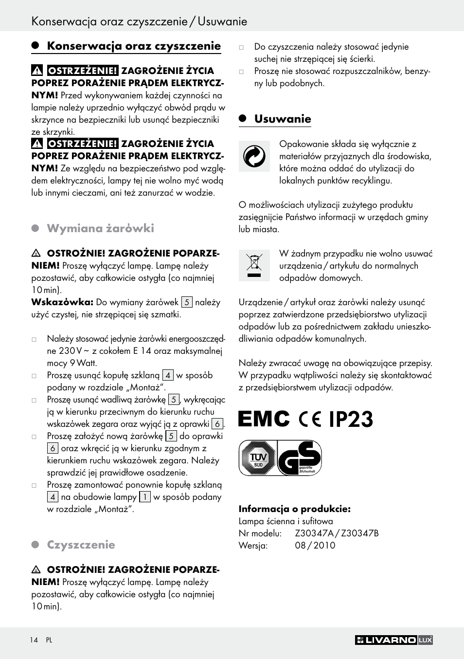 Konserwacja oraz czyszczenie / usuwanie, Konserwacja oraz czyszczenie, Wymiana żarόwki | Czyszczenie, Usuwanie | Livarno Z30347A Z30347B User Manual | Page 14 / 47