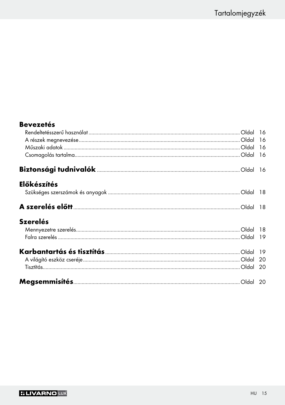 Tartalomjegyzék | Livarno Z30347A Z30347B User Manual | Page 15 / 47