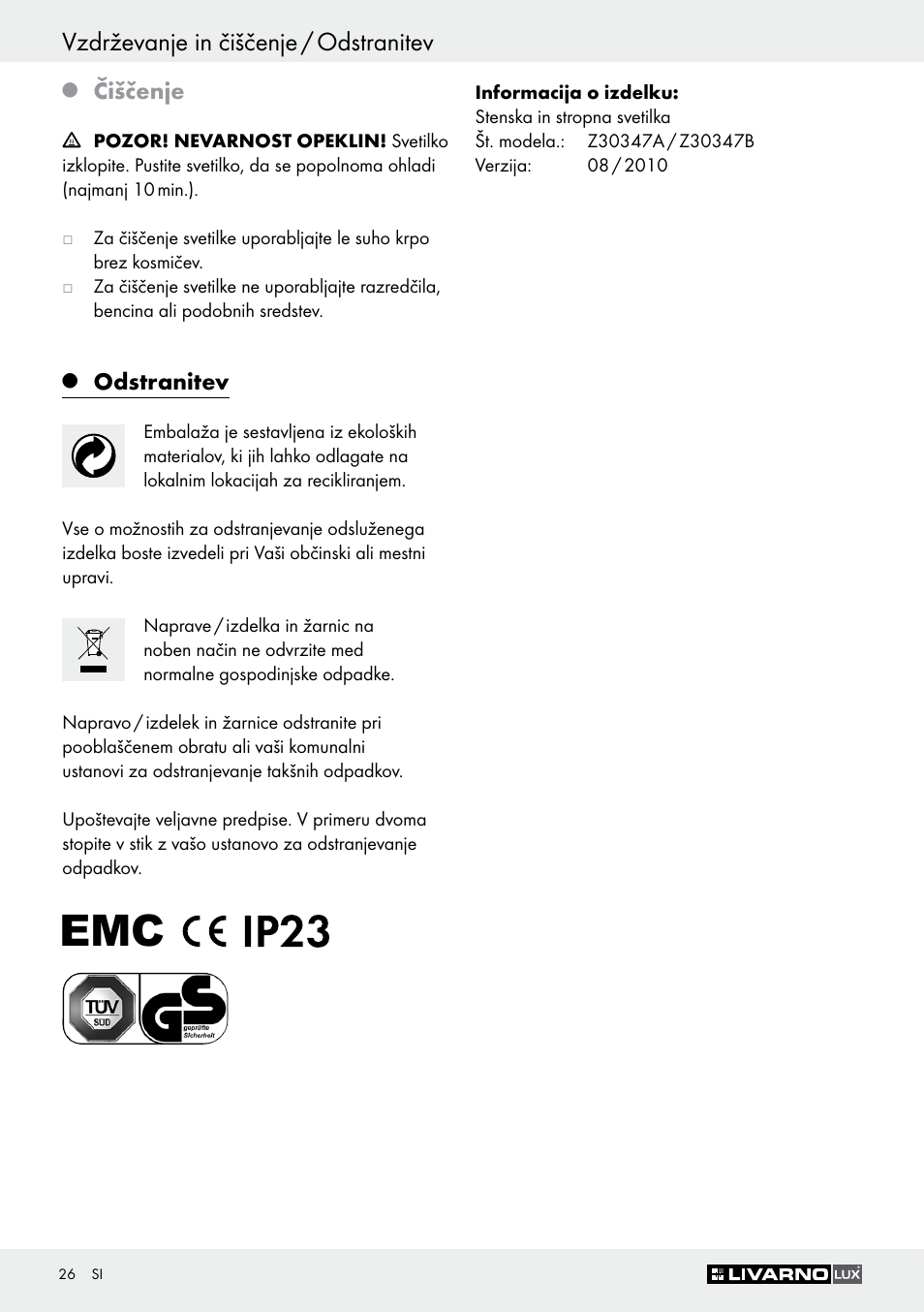 Vzdrževanje in čiščenje / odstranitev, Čiščenje, Odstranitev | Livarno Z30347A Z30347B User Manual | Page 26 / 47