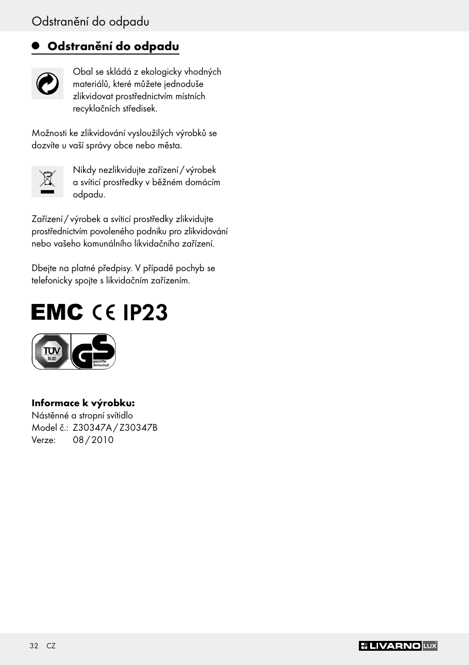 Odstranění do odpadu | Livarno Z30347A Z30347B User Manual | Page 32 / 47