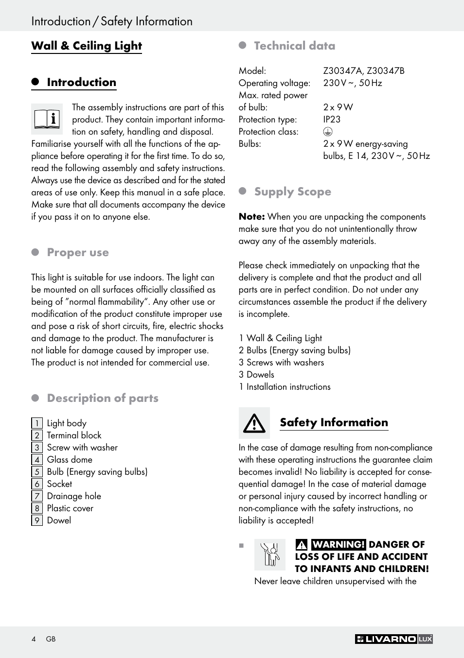 Introduction / safety information, Wall & ceiling light, Introduction | Proper use, Description of parts, Technical data, Supply scope, Safety information | Livarno Z30347A Z30347B User Manual | Page 4 / 47