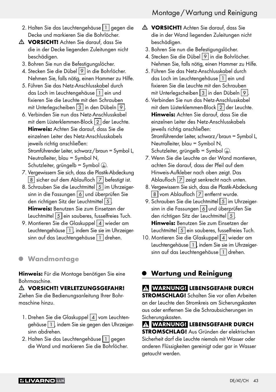 Montage / wartung und reinigung, Wandmontage, Wartung und reinigung | Livarno Z30347A Z30347B User Manual | Page 43 / 47