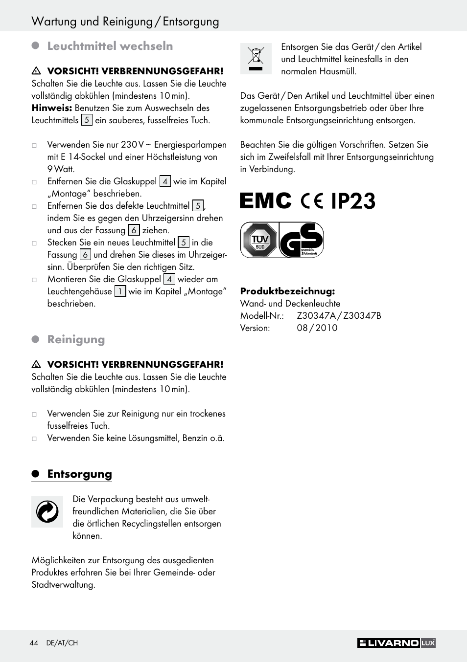 Wartung und reinigung / entsorgung, Leuchtmittel wechseln, Reinigung | Entsorgung | Livarno Z30347A Z30347B User Manual | Page 44 / 47