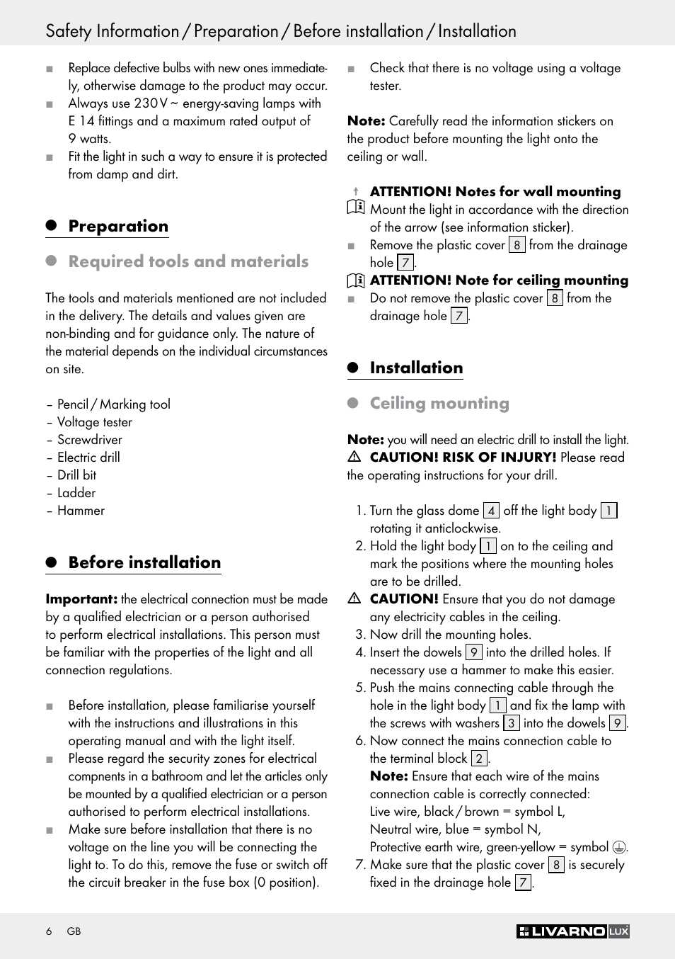 Preparation, Required tools and materials, Before installation | Installation, Ceiling mounting | Livarno Z30347A Z30347B User Manual | Page 6 / 47