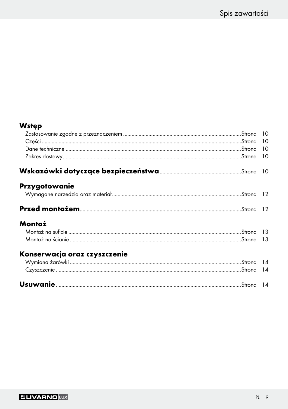 Spis zawartości | Livarno Z30347A Z30347B User Manual | Page 9 / 47