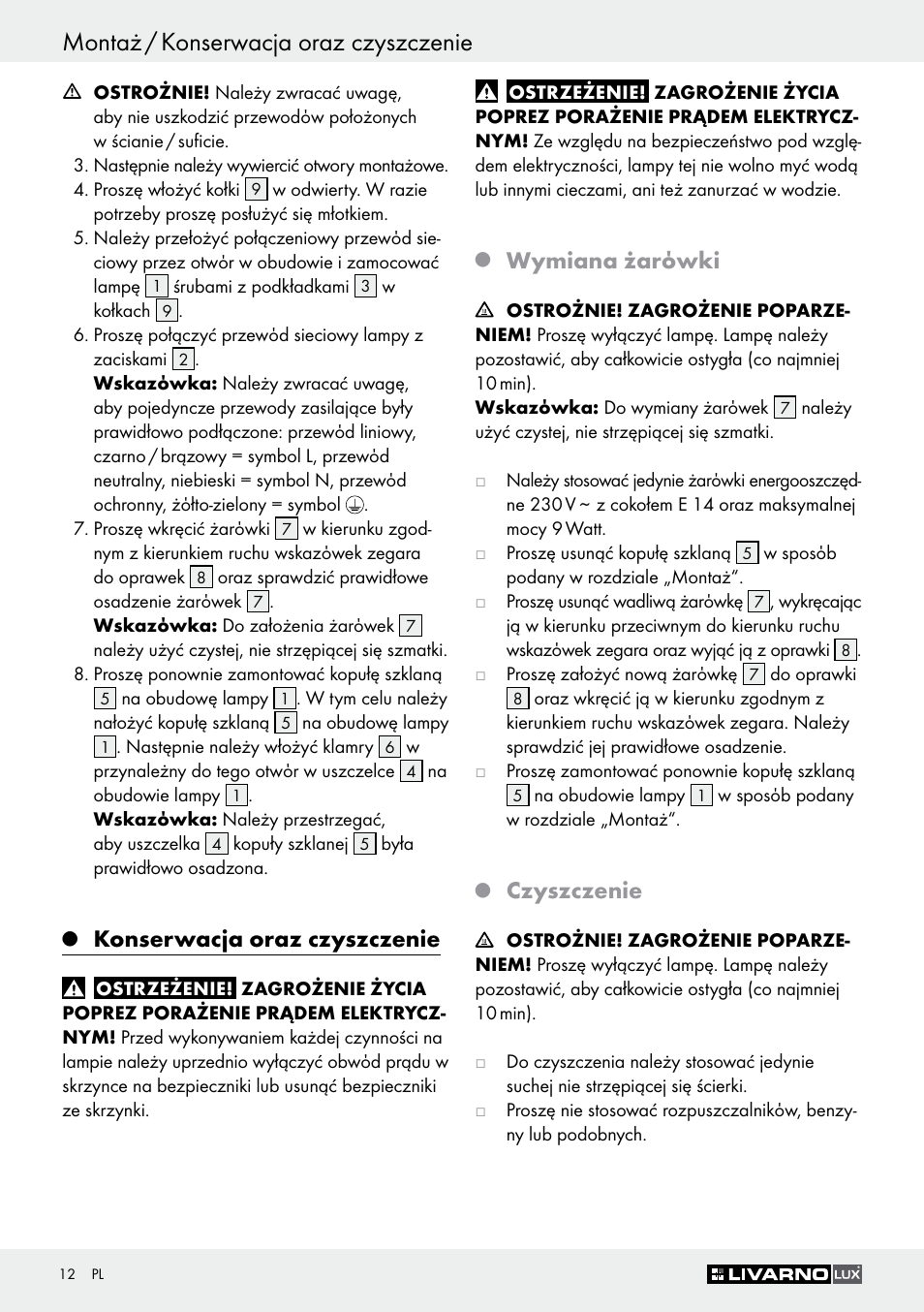 Montaż / konserwacja oraz czyszczenie, Konserwacja oraz czyszczenie, Wymiana żarόwki | Czyszczenie | Livarno Z30347C User Manual | Page 12 / 43