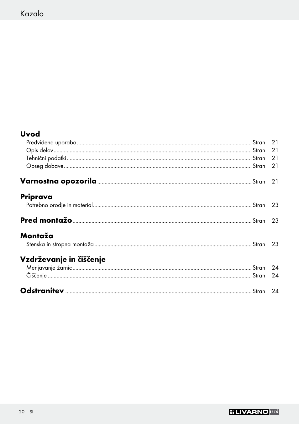 Kazalo | Livarno Z30347C User Manual | Page 20 / 43