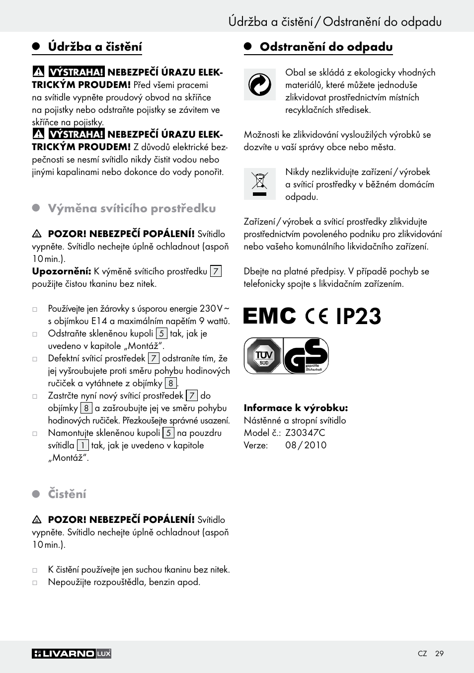 Údržba a čistění / odstranění do odpadu, Údržba a čistění, Výměna svíticího prostředku | Čistění, Odstranění do odpadu | Livarno Z30347C User Manual | Page 29 / 43