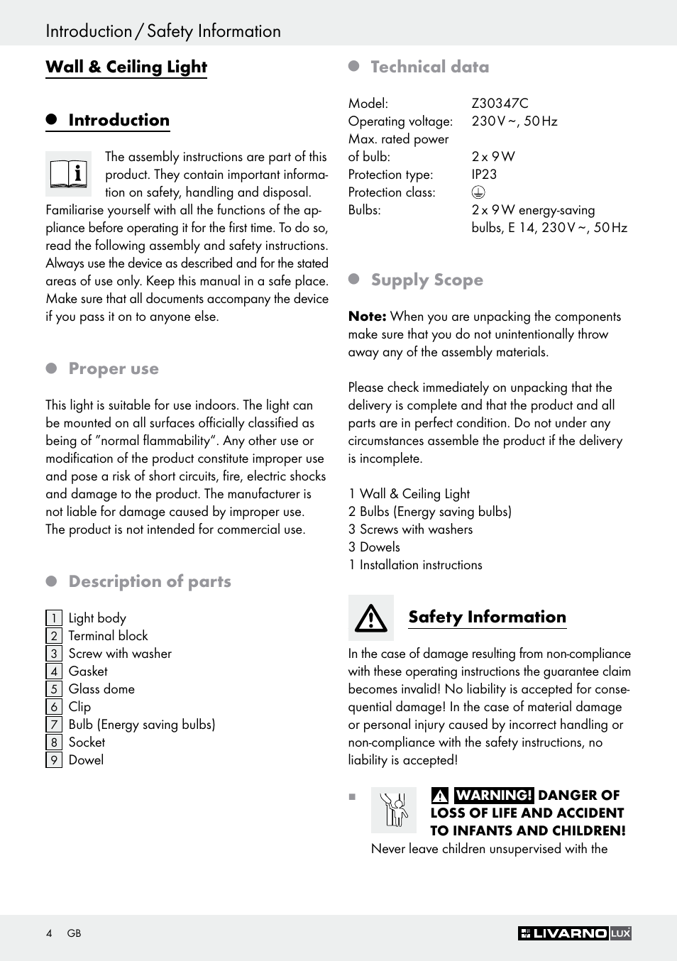 Introduction / safety information, Wall & ceiling light, Introduction | Proper use, Description of parts, Technical data, Supply scope, Safety information | Livarno Z30347C User Manual | Page 4 / 43