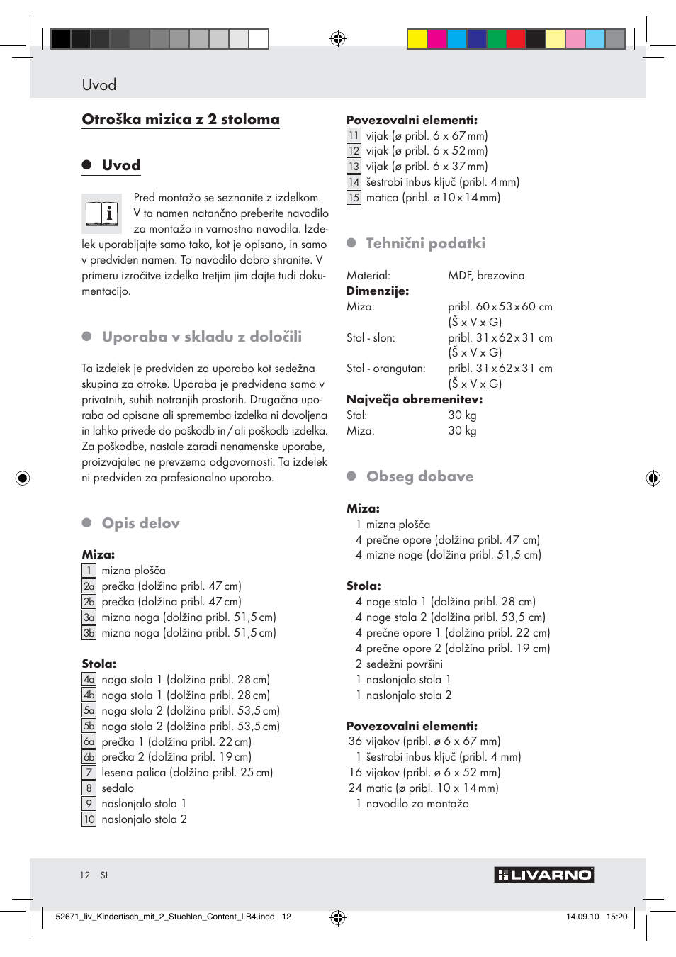 Uvod, Otroška mizica z 2 stoloma, Uporaba v skladu z določili | Opis delov, Tehnični podatki, Obseg dobave | Livarno Z30390 User Manual | Page 10 / 24