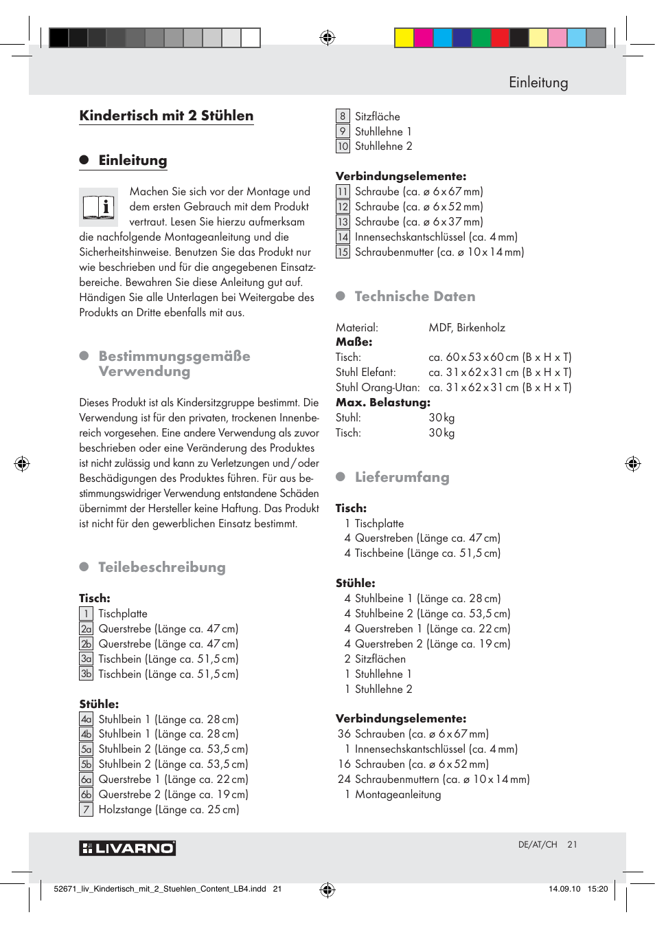 Einleitung, Kindertisch mit 2 stühlen, Bestimmungsgemäße verwendung | Teilebeschreibung, Technische daten, Lieferumfang | Livarno Z30390 User Manual | Page 19 / 24