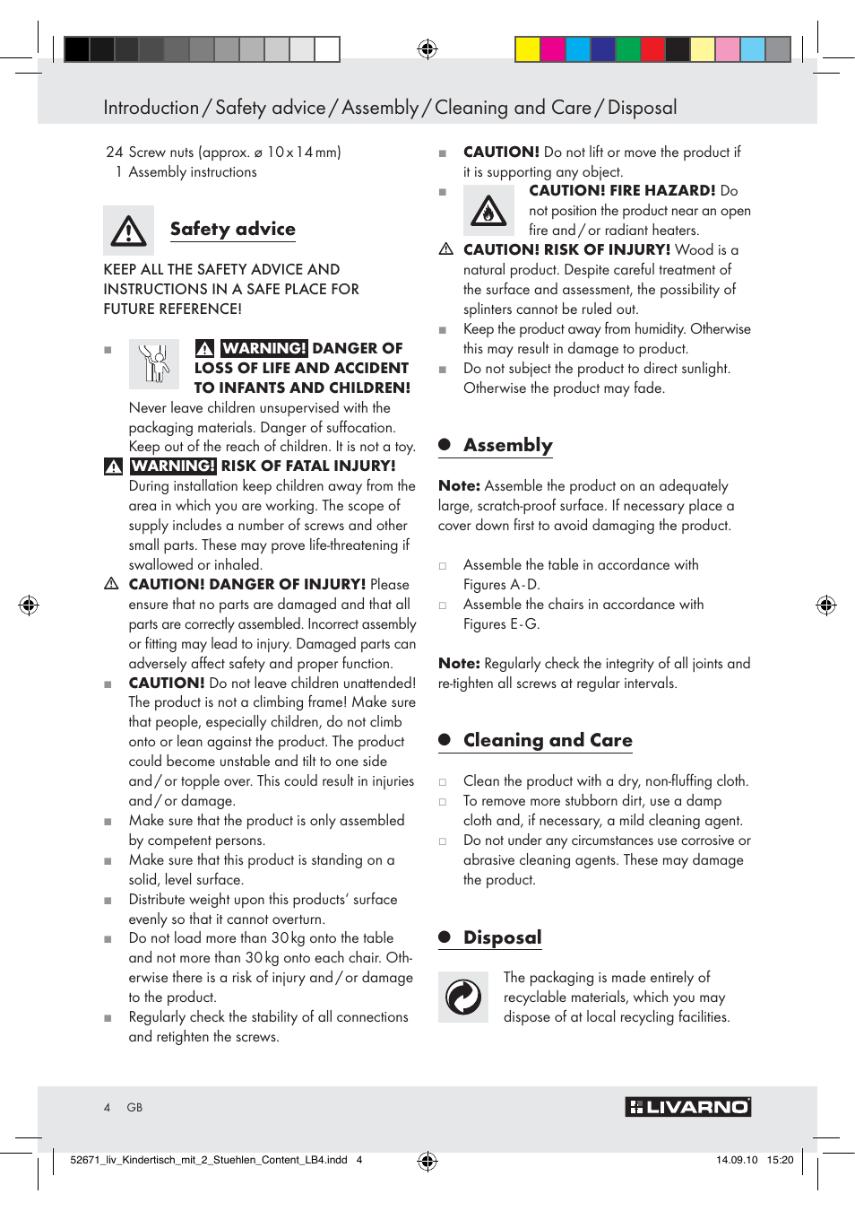 Safety advice, Assembly, Cleaning and care | Disposal | Livarno Z30390 User Manual | Page 2 / 24