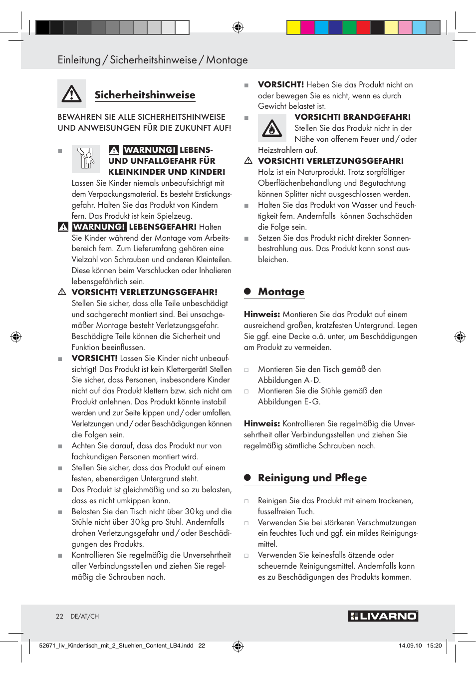 Einleitung / sicherheitshinweise / montage, Sicherheitshinweise, Montage | Reinigung und pﬂege | Livarno Z30390 User Manual | Page 20 / 24