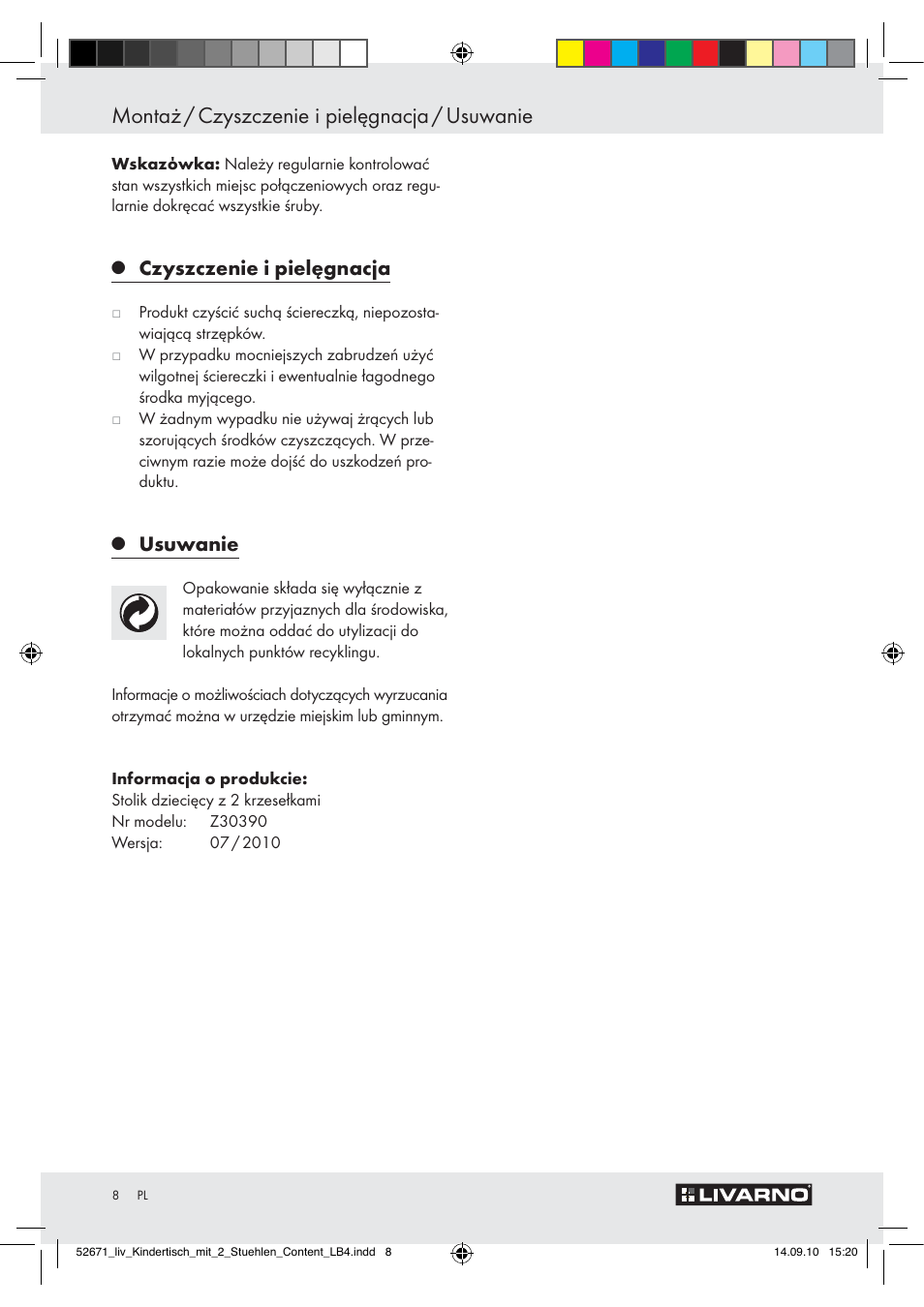 Montaż / czyszczenie i pielęgnacja / usuwanie, Czyszczenie i pielęgnacja, Usuwanie | Livarno Z30390 User Manual | Page 6 / 24