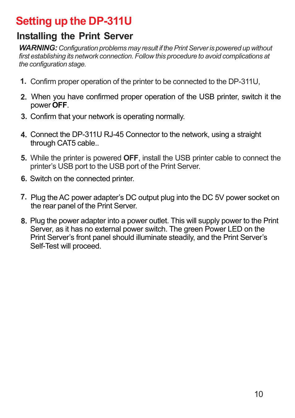 Setting up the dp-311u, Installing the print server | D-Link DP-311U User Manual | Page 10 / 76