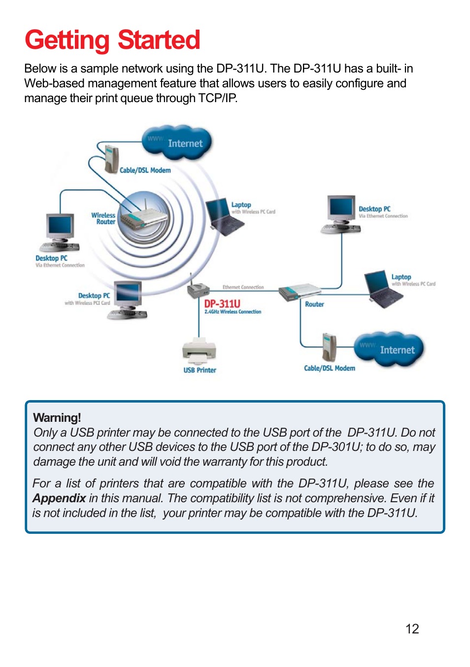 Getting started | D-Link DP-311U User Manual | Page 12 / 76