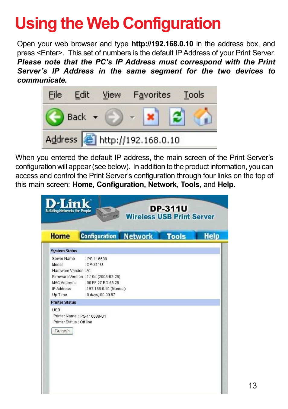 Using the web configuration | D-Link DP-311U User Manual | Page 13 / 76