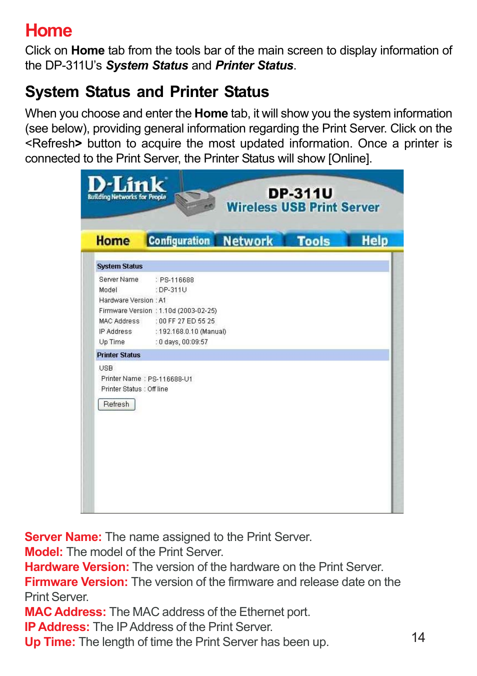 Home, System status and printer status | D-Link DP-311U User Manual | Page 14 / 76