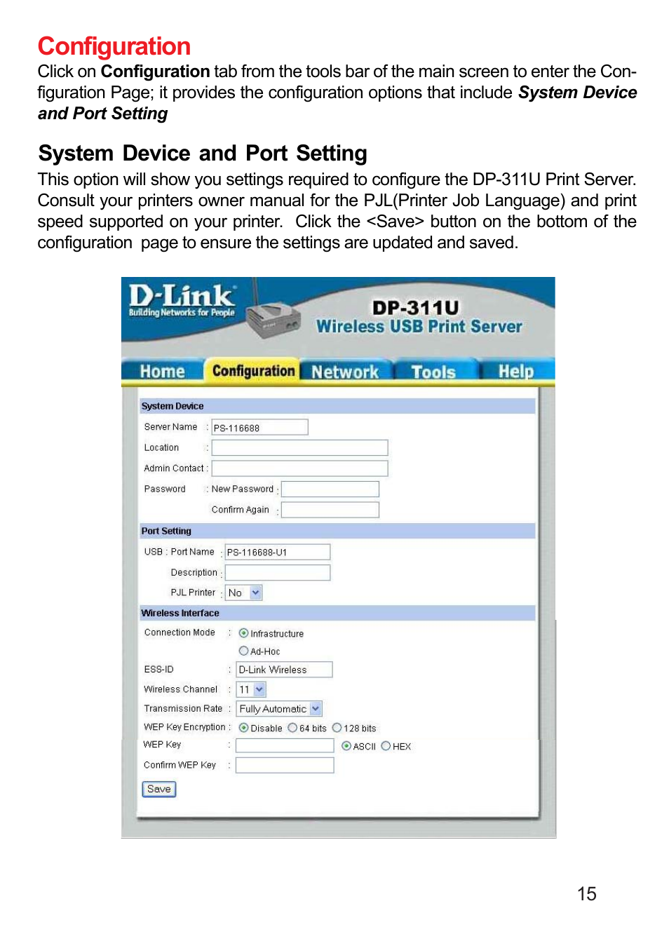 Configuration | D-Link DP-311U User Manual | Page 15 / 76