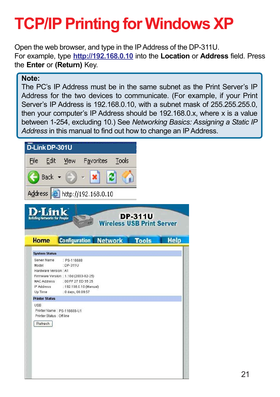 Tcp/ip printing for windows xp | D-Link DP-311U User Manual | Page 21 / 76