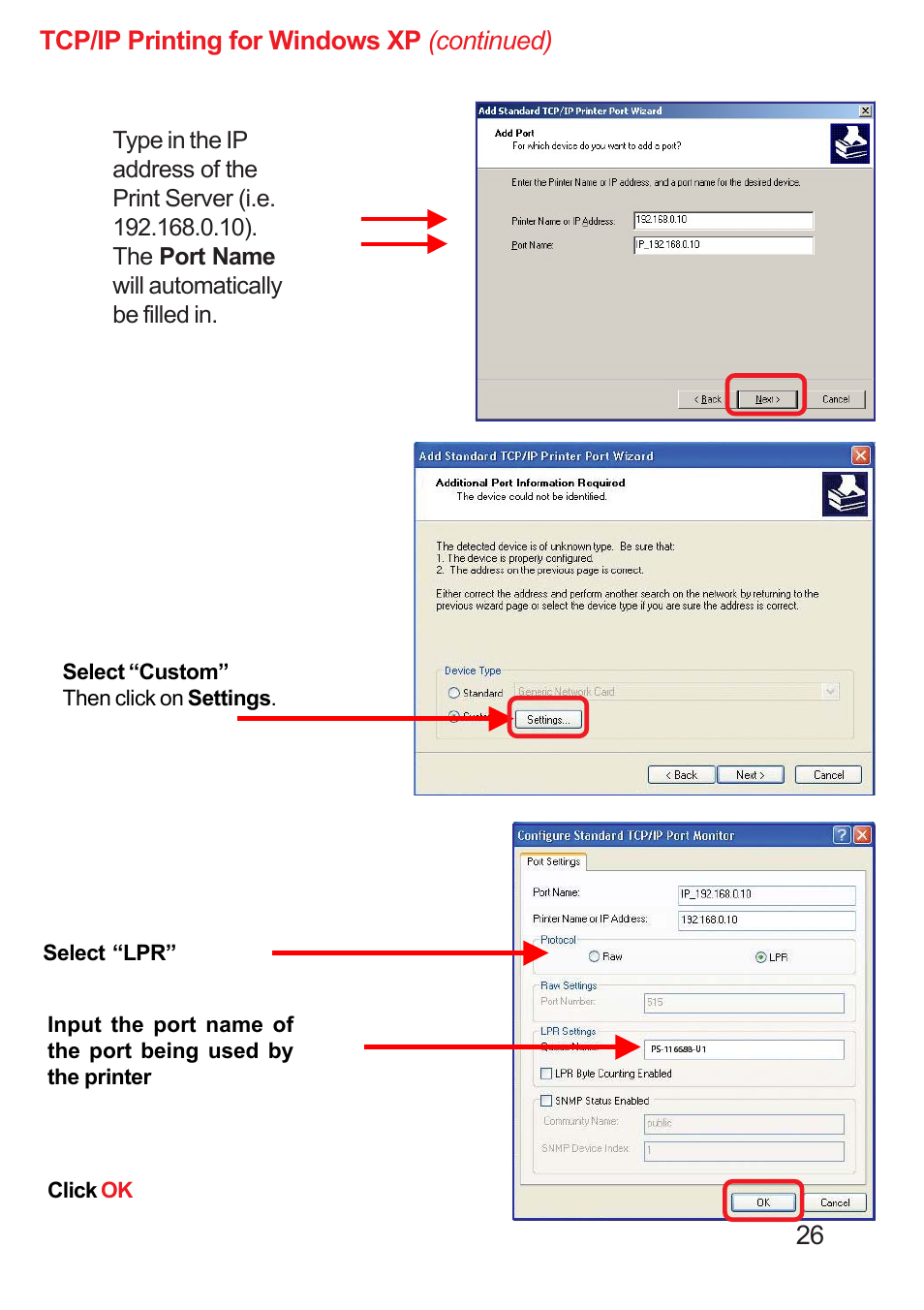 Tcp/ip printing for windows xp (continued) | D-Link DP-311U User Manual | Page 26 / 76