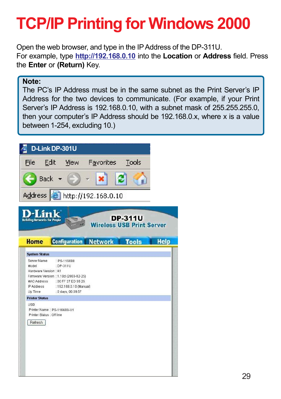 Tcp/ip printing for windows 2000 | D-Link DP-311U User Manual | Page 29 / 76