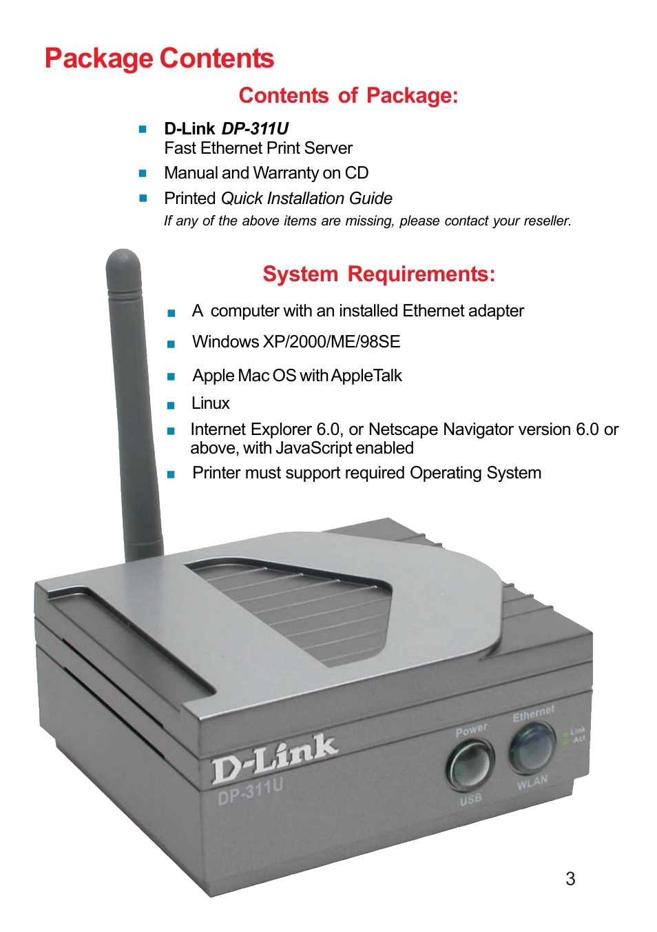 Package contents, Contents of package, System requirements | D-Link DP-311U User Manual | Page 3 / 76