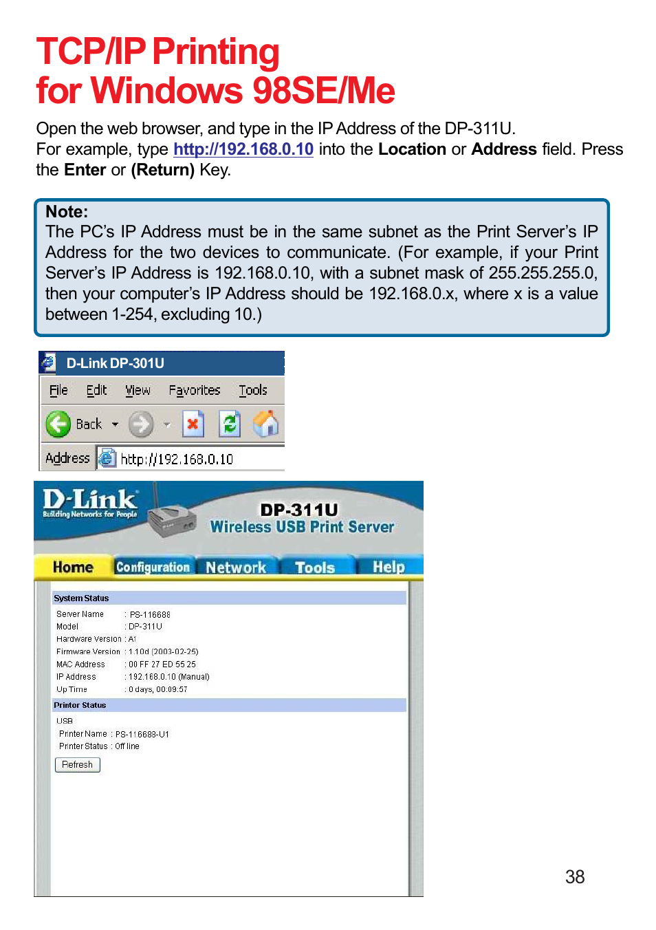 Tcp/ip printing for windows 98se/me | D-Link DP-311U User Manual | Page 38 / 76