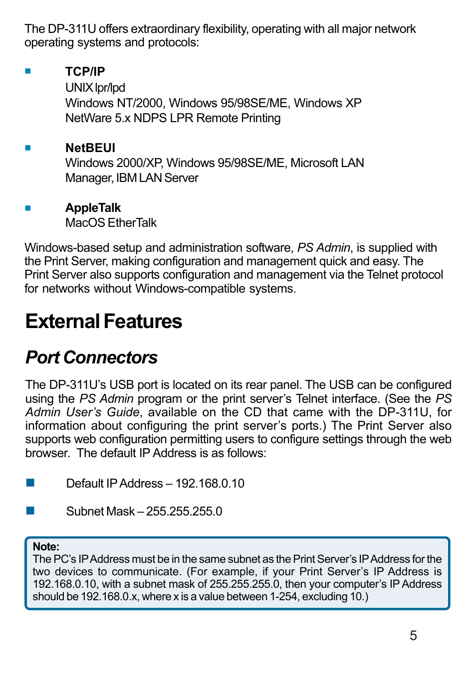 External features, Port connectors | D-Link DP-311U User Manual | Page 5 / 76