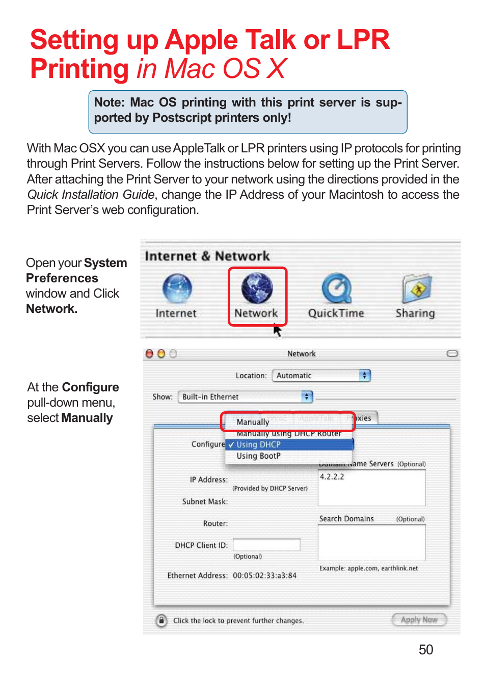 Setting up apple talk or lpr printing in mac os x | D-Link DP-311U User Manual | Page 50 / 76