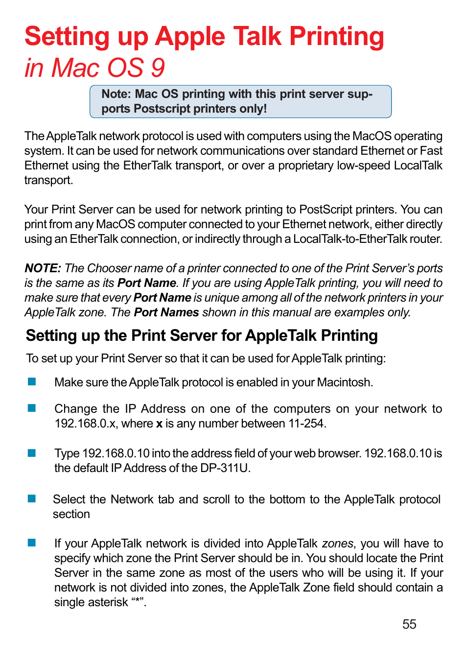 Setting up apple talk printing in mac os 9, Setting up the print server for appletalk printing | D-Link DP-311U User Manual | Page 55 / 76