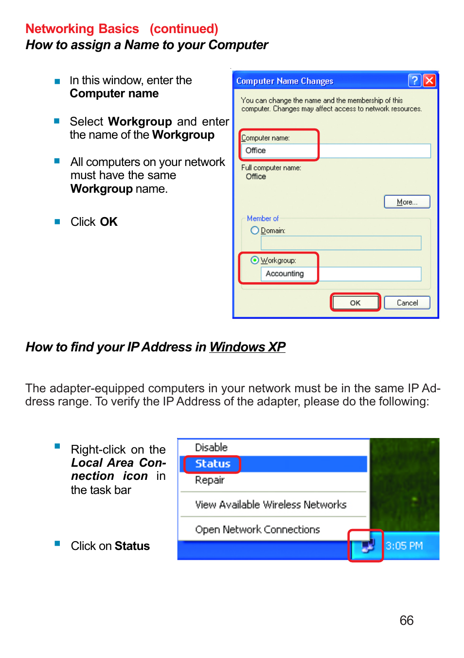 How to find your ip address in windows xp, Continued) | D-Link DP-311U User Manual | Page 66 / 76