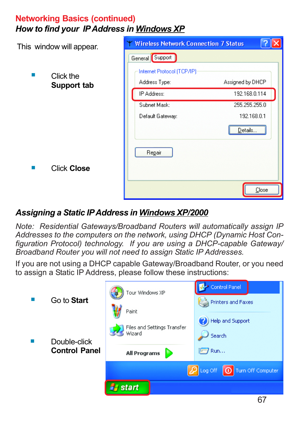 Assigning a static ip address in windows xp/2000 | D-Link DP-311U User Manual | Page 67 / 76