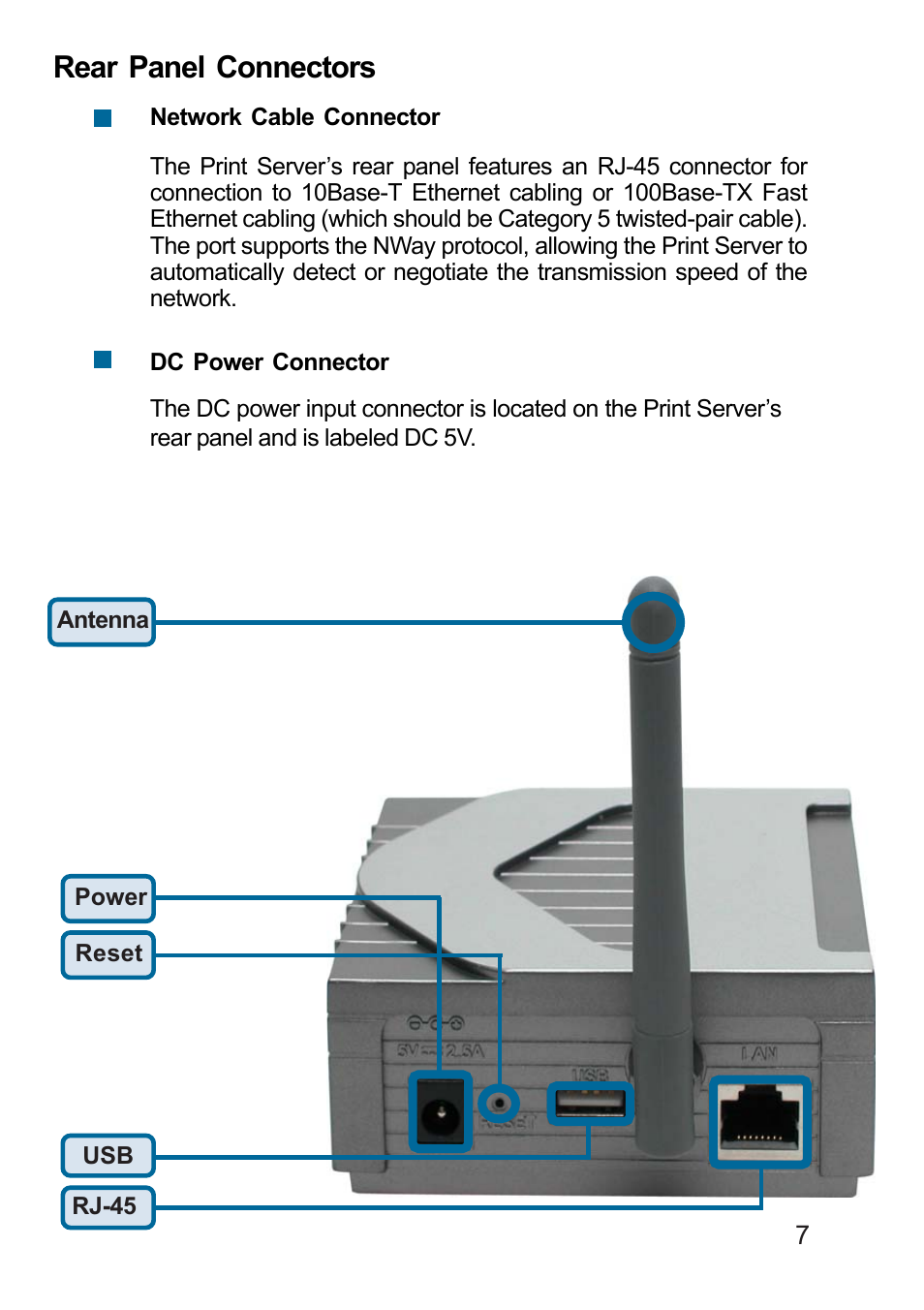 Rear panel connectors | D-Link DP-311U User Manual | Page 7 / 76