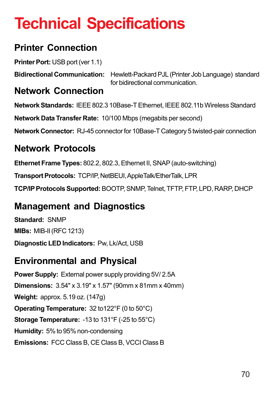 Technical specifications, Printer connection, Network connection | Network protocols, Management and diagnostics, Environmental and physical | D-Link DP-311U User Manual | Page 70 / 76