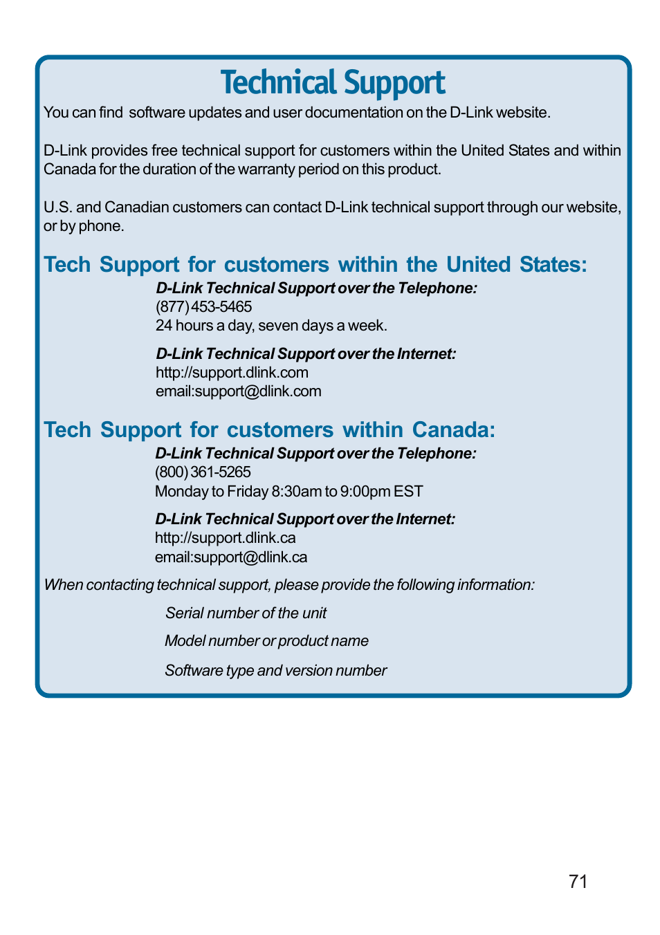 Technical support, Tech support for customers within canada | D-Link DP-311U User Manual | Page 71 / 76