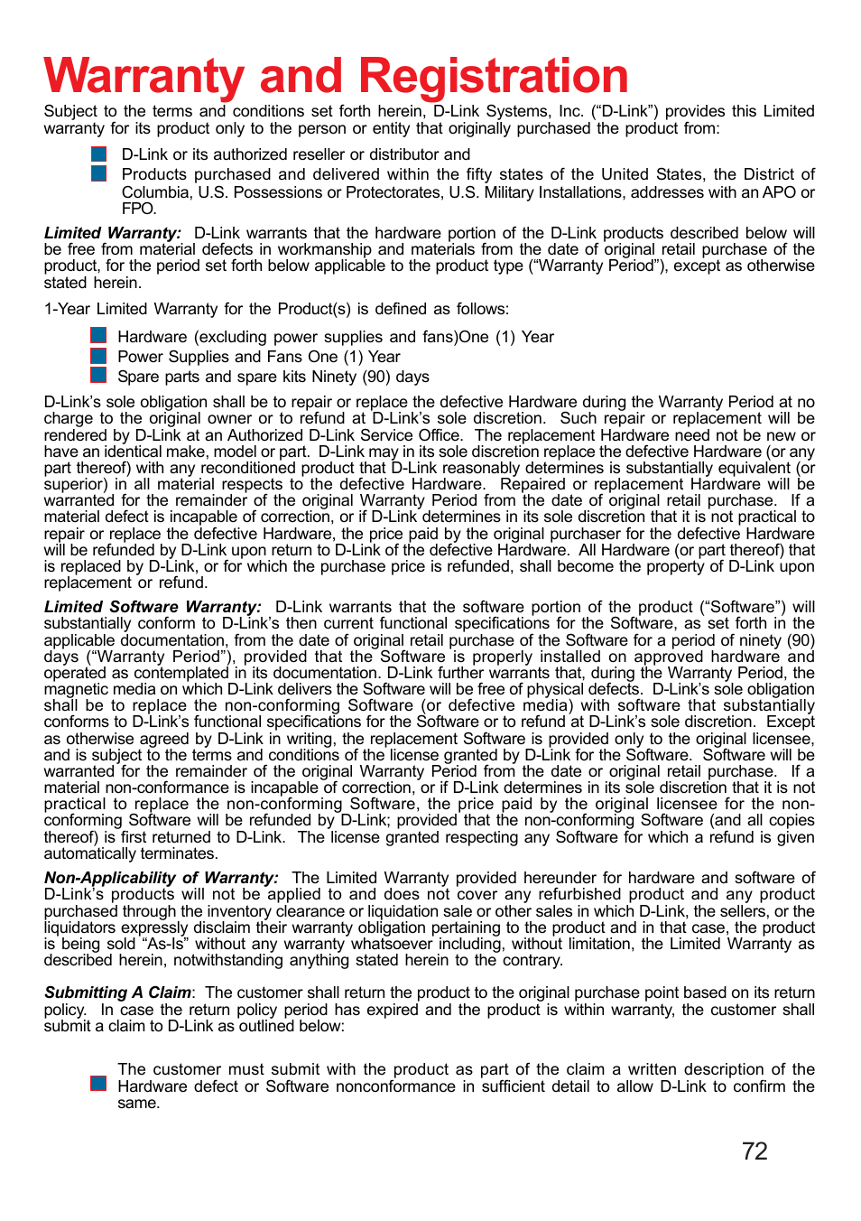 Warranty and registration | D-Link DP-311U User Manual | Page 72 / 76