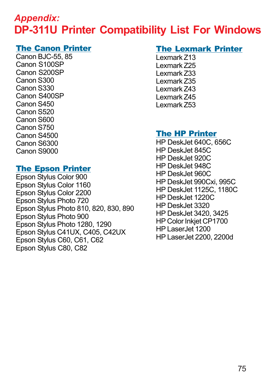 Dp-311u printer compatibility list for windows, Appendix | D-Link DP-311U User Manual | Page 75 / 76