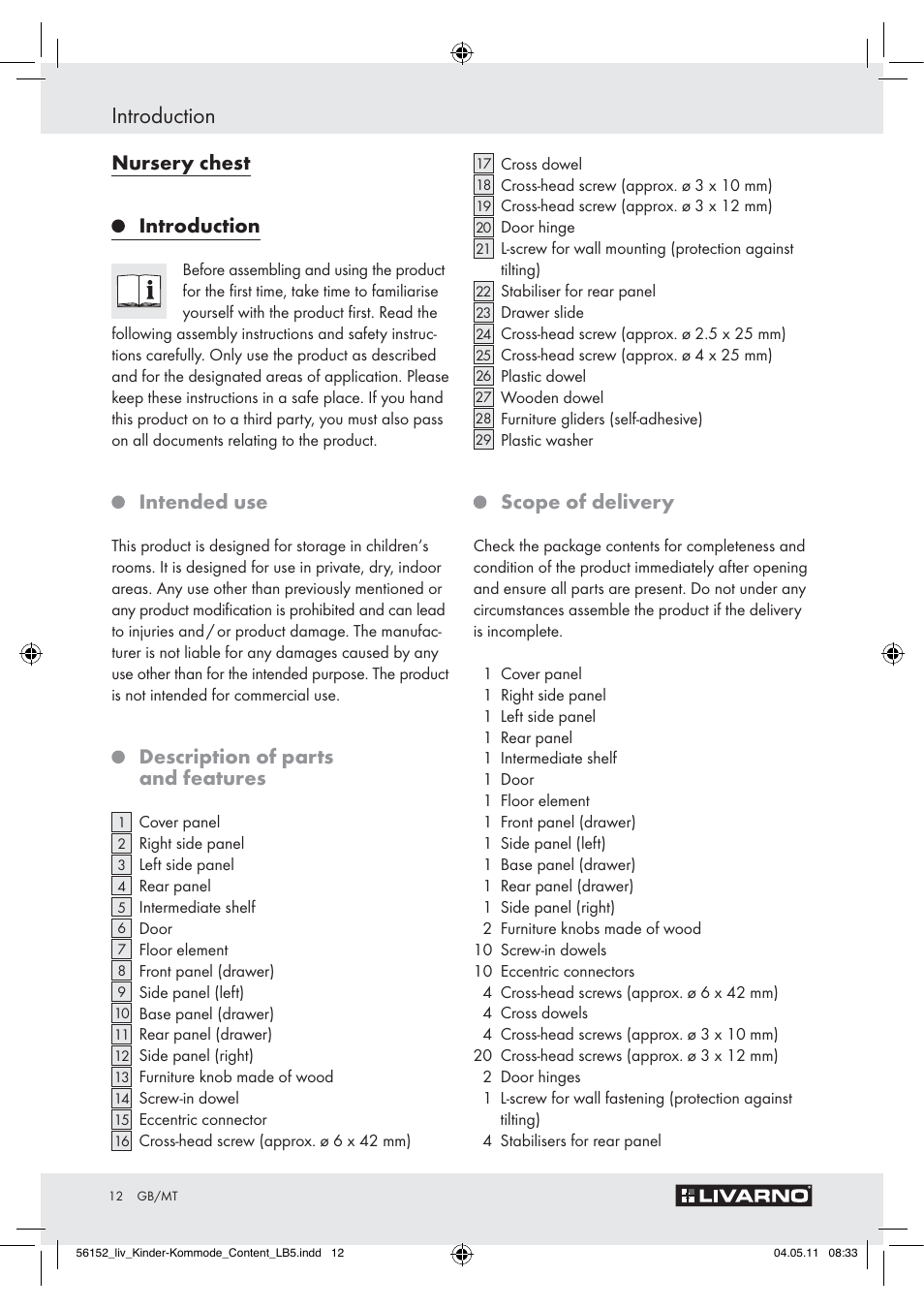 Introduction, Nursery chest, Intended use | Description of parts and features, Scope of delivery | Livarno Z30613A/Z30613B User Manual | Page 10 / 18