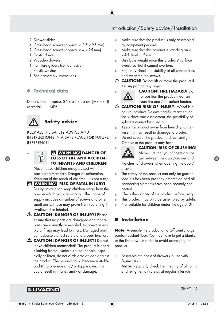 Introduction / safety advice / installation, Technical data, Safety advice | Installation | Livarno Z30613A/Z30613B User Manual | Page 11 / 18