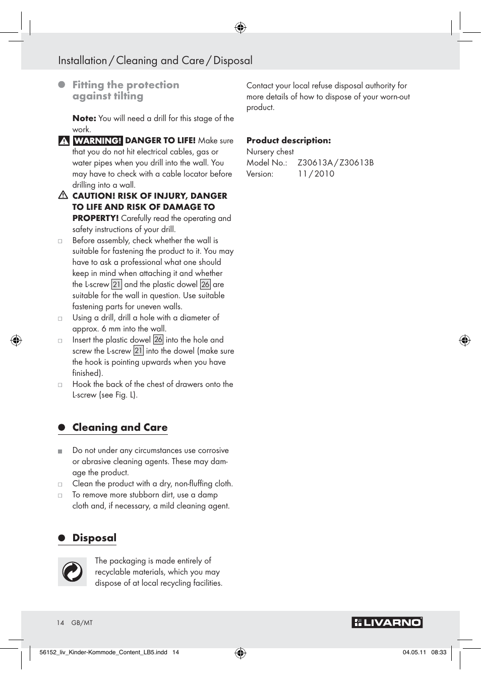 Installation / cleaning and care / disposal, Fitting the protection against tilting, Cleaning and care | Disposal | Livarno Z30613A/Z30613B User Manual | Page 12 / 18