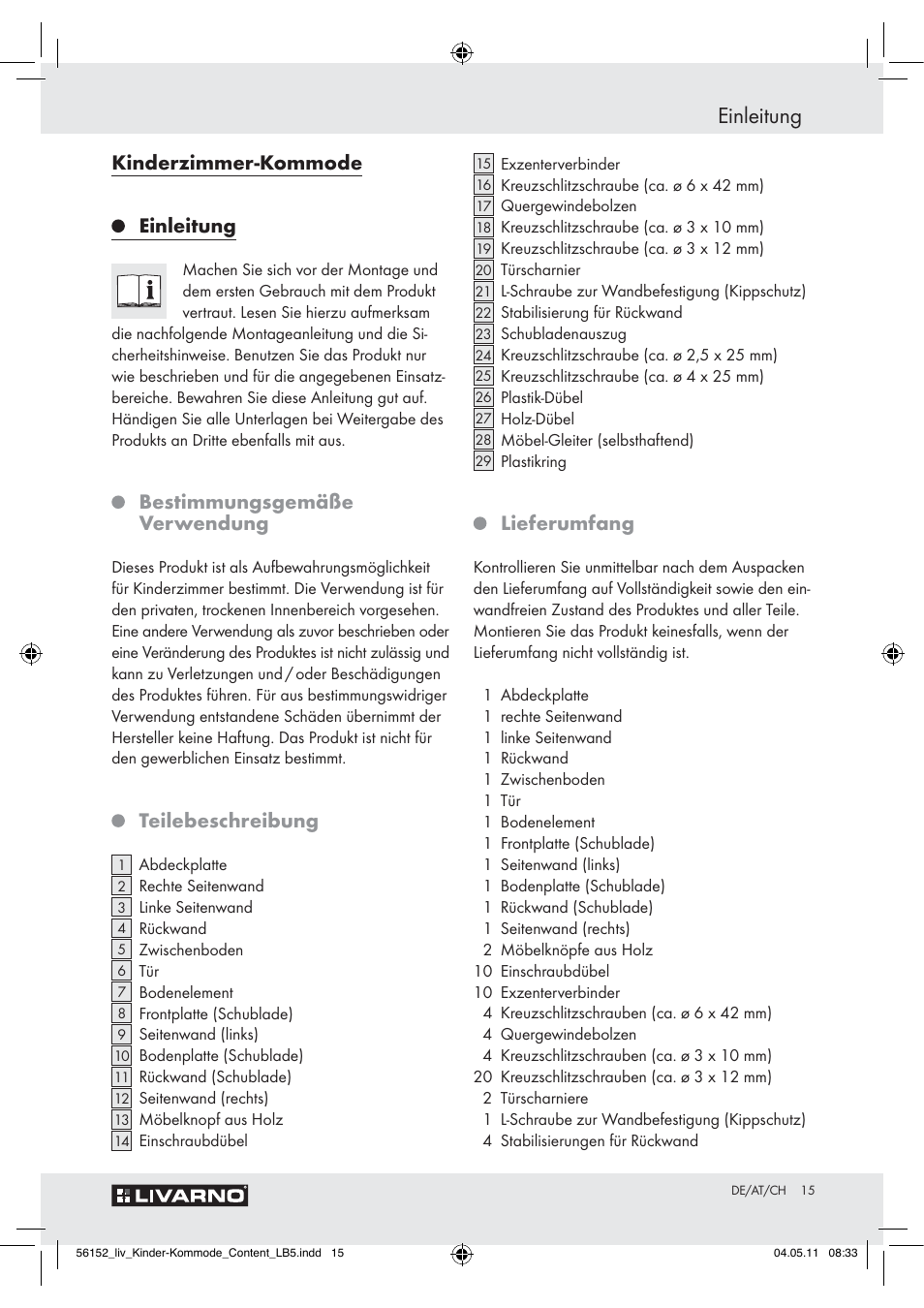 Einleitung, Kinderzimmer-kommode, Bestimmungsgemäße verwendung | Teilebeschreibung, Lieferumfang | Livarno Z30613A/Z30613B User Manual | Page 13 / 18