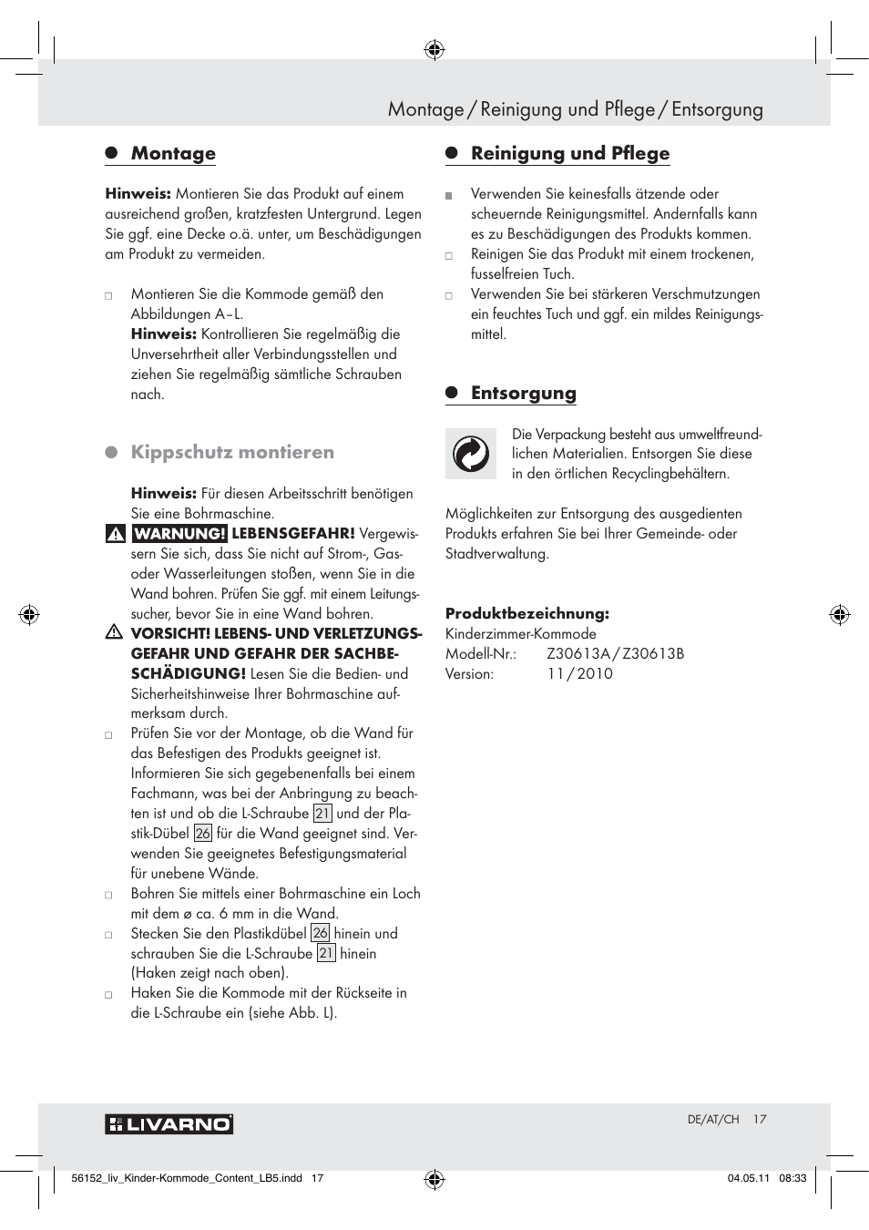 Montage / reinigung und pflege / entsorgung, Montage, Kippschutz montieren | Reinigung und pﬂege, Entsorgung | Livarno Z30613A/Z30613B User Manual | Page 15 / 18