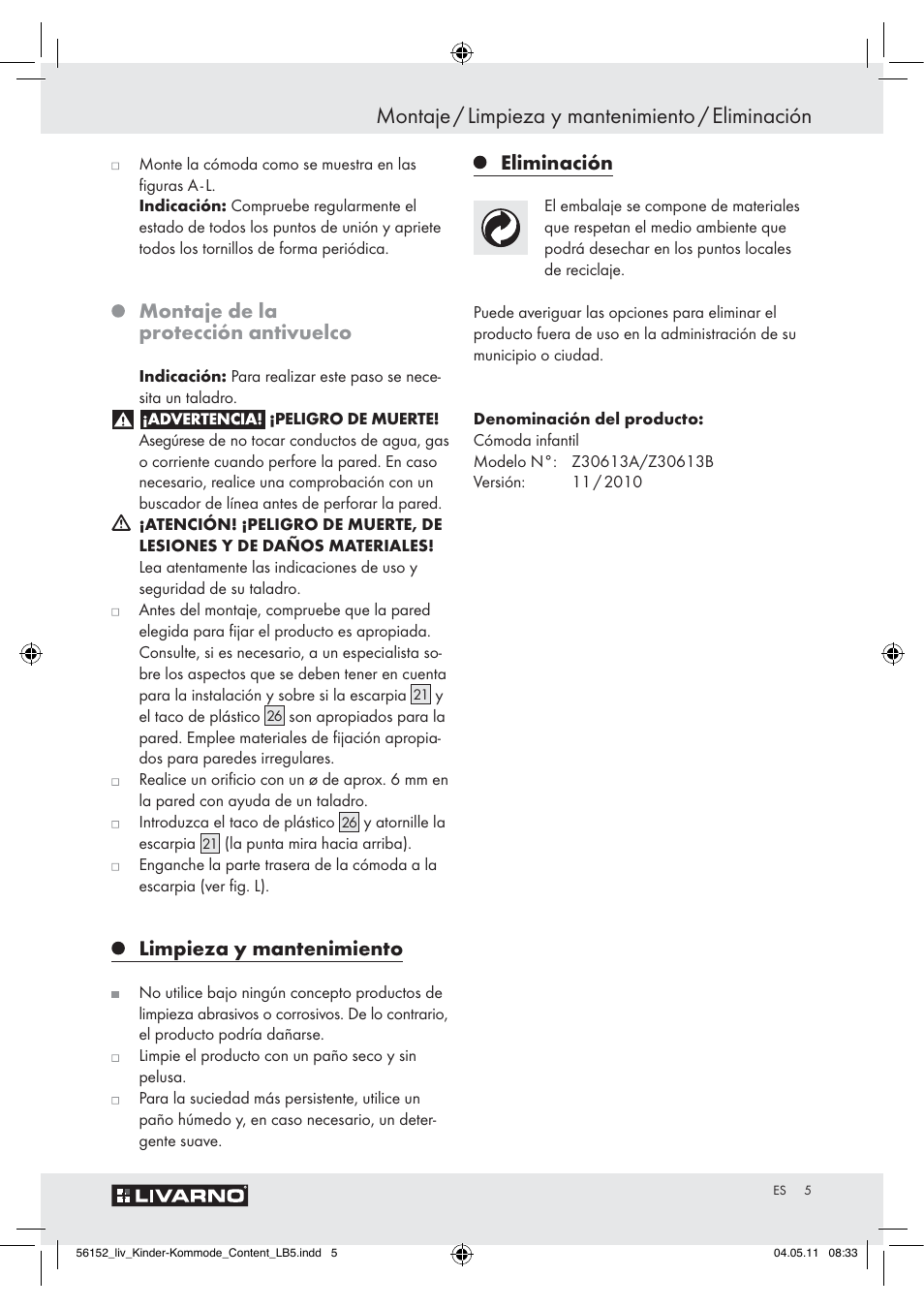 Montaje / limpieza y mantenimiento / eliminación, Montaje de la protección antivuelco, Limpieza y mantenimiento | Eliminación | Livarno Z30613A/Z30613B User Manual | Page 3 / 18