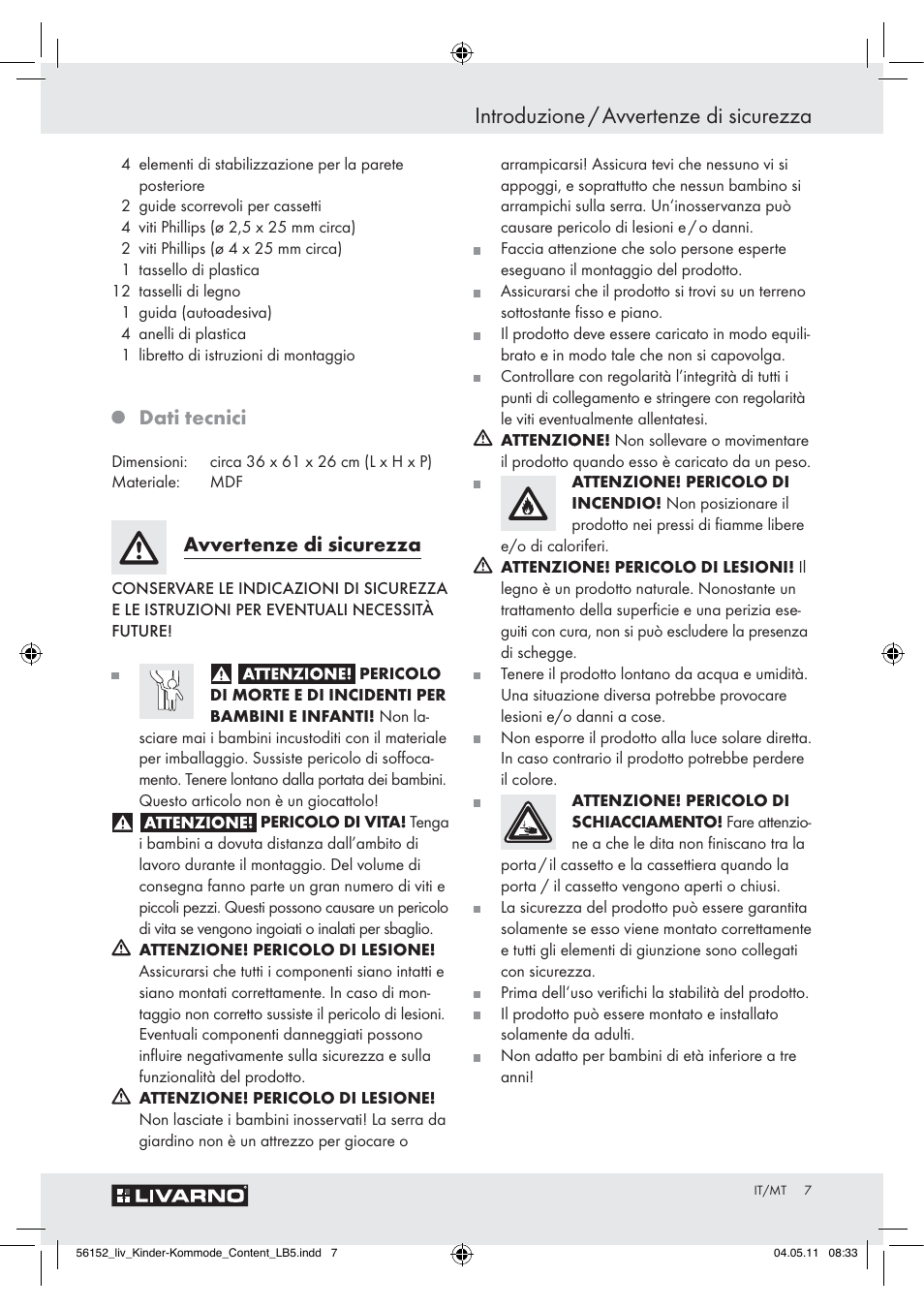 Introduzione / avvertenze di sicurezza, Dati tecnici, Avvertenze di sicurezza | Livarno Z30613A/Z30613B User Manual | Page 5 / 18