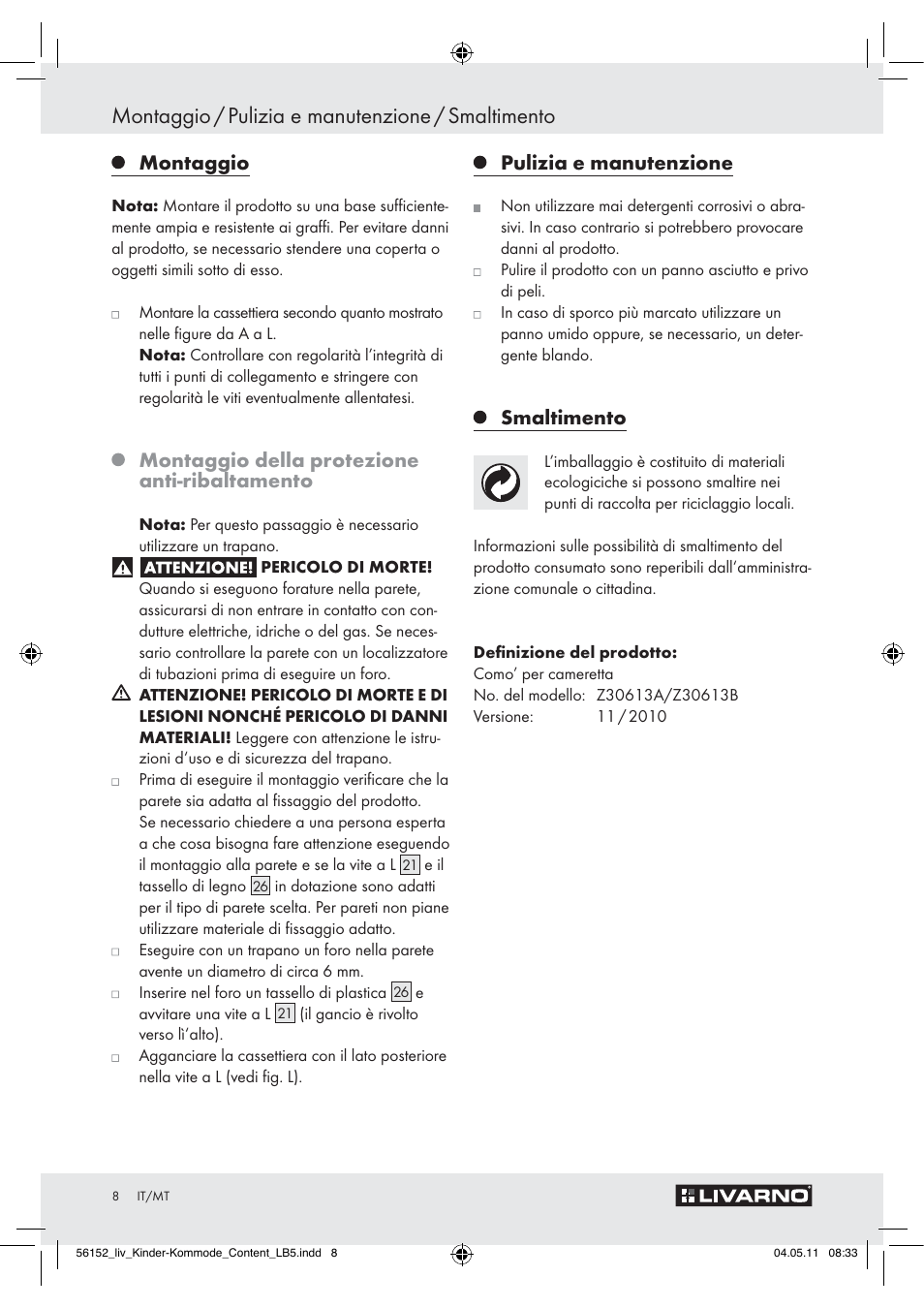 Montaggio / pulizia e manutenzione / smaltimento, Montaggio, Montaggio della protezione anti-ribaltamento | Pulizia e manutenzione, Smaltimento | Livarno Z30613A/Z30613B User Manual | Page 6 / 18