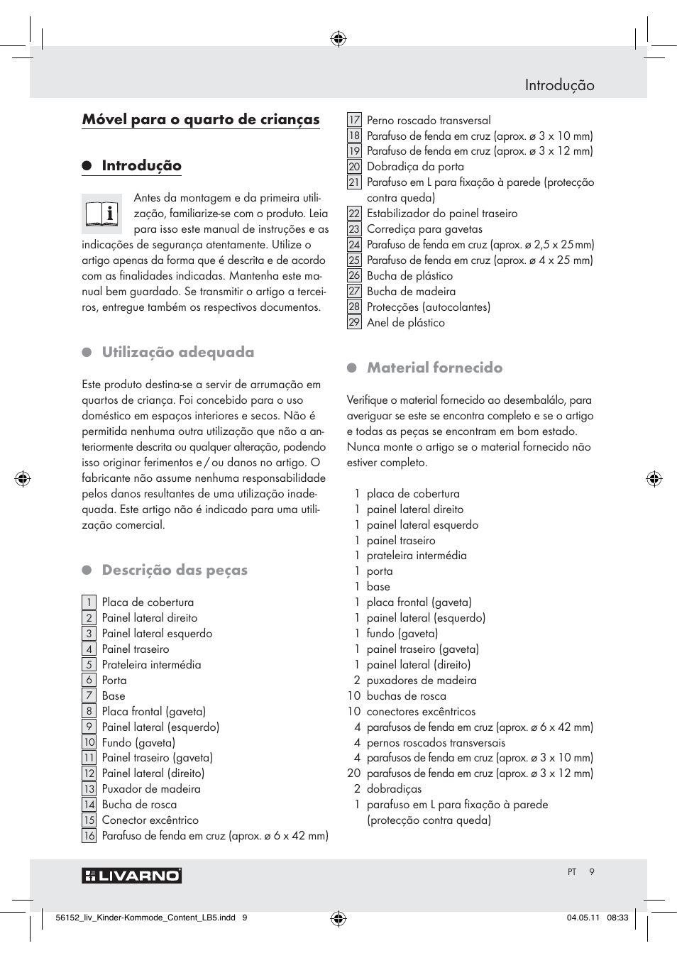 Introdução, Móvel para o quarto de crianças introdução, Utilização adequada | Descrição das peças, Material fornecido | Livarno Z30613A/Z30613B User Manual | Page 7 / 18