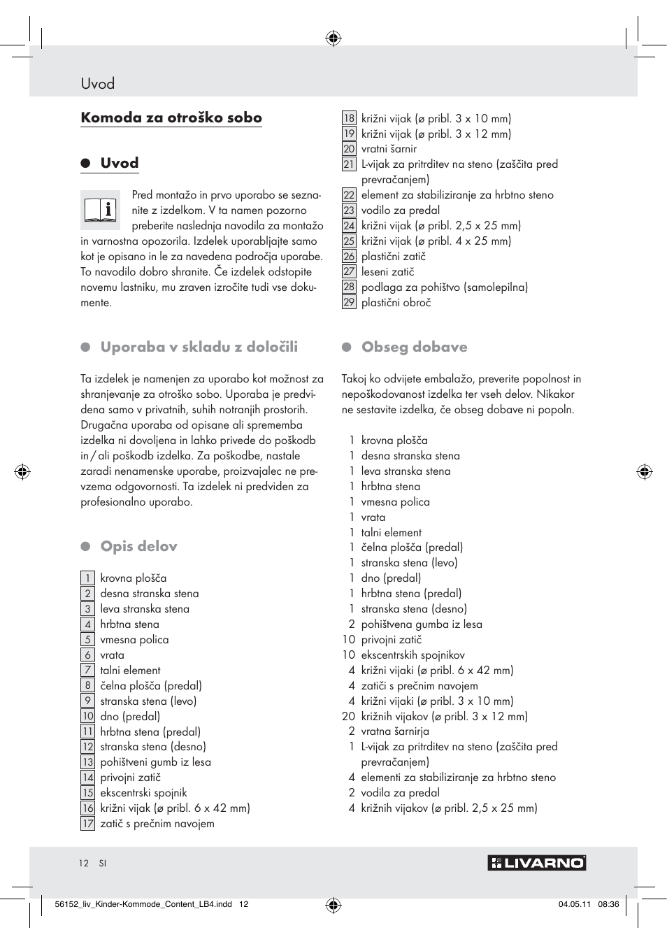 Uvod, Komoda za otroško sobo, Uporaba v skladu z določili | Opis delov, Obseg dobave | Livarno Z30613A/Z30613B User Manual | Page 10 / 24