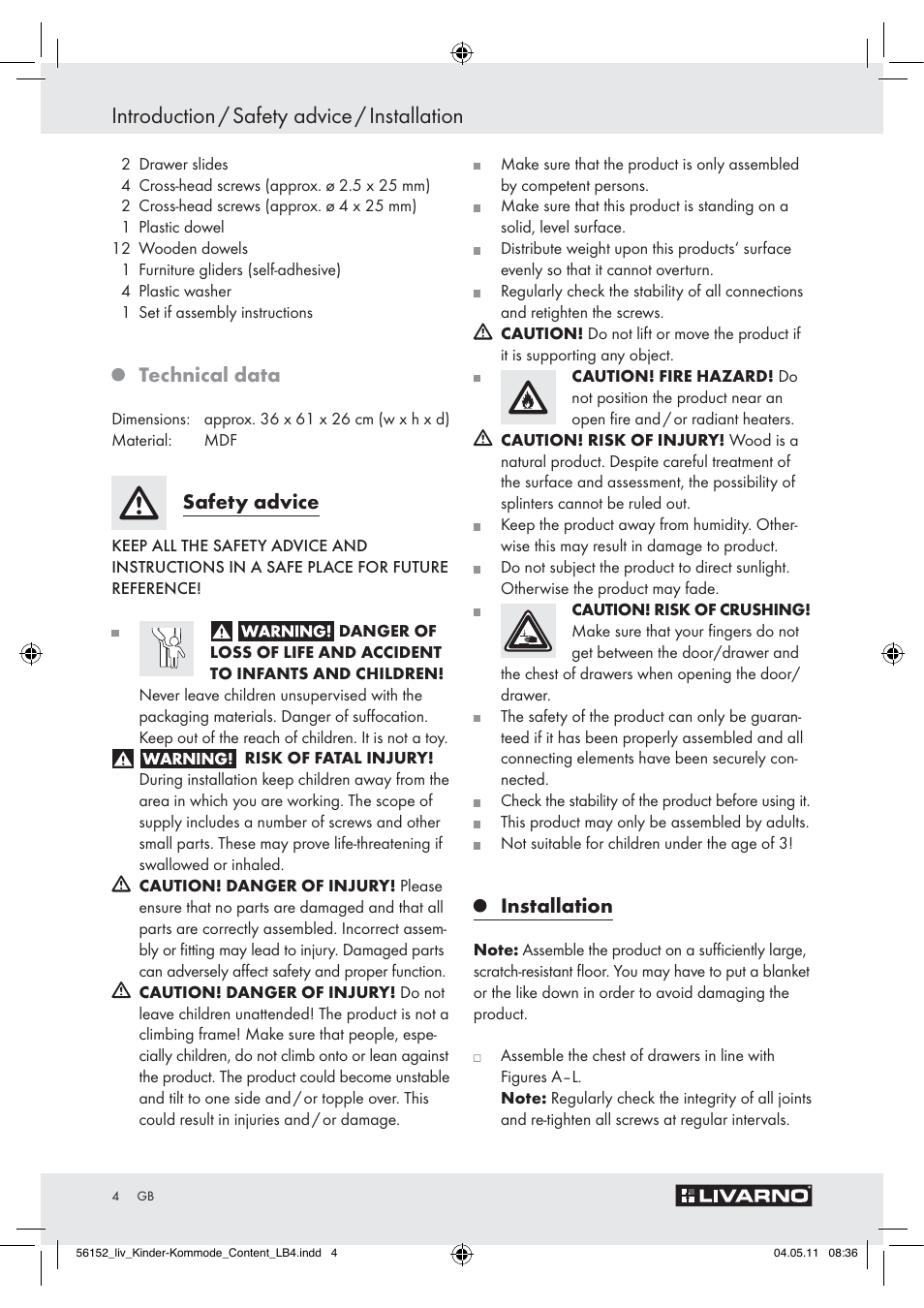 Introduction / safety advice / installation, Technical data, Safety advice | Installation | Livarno Z30613A/Z30613B User Manual | Page 2 / 24