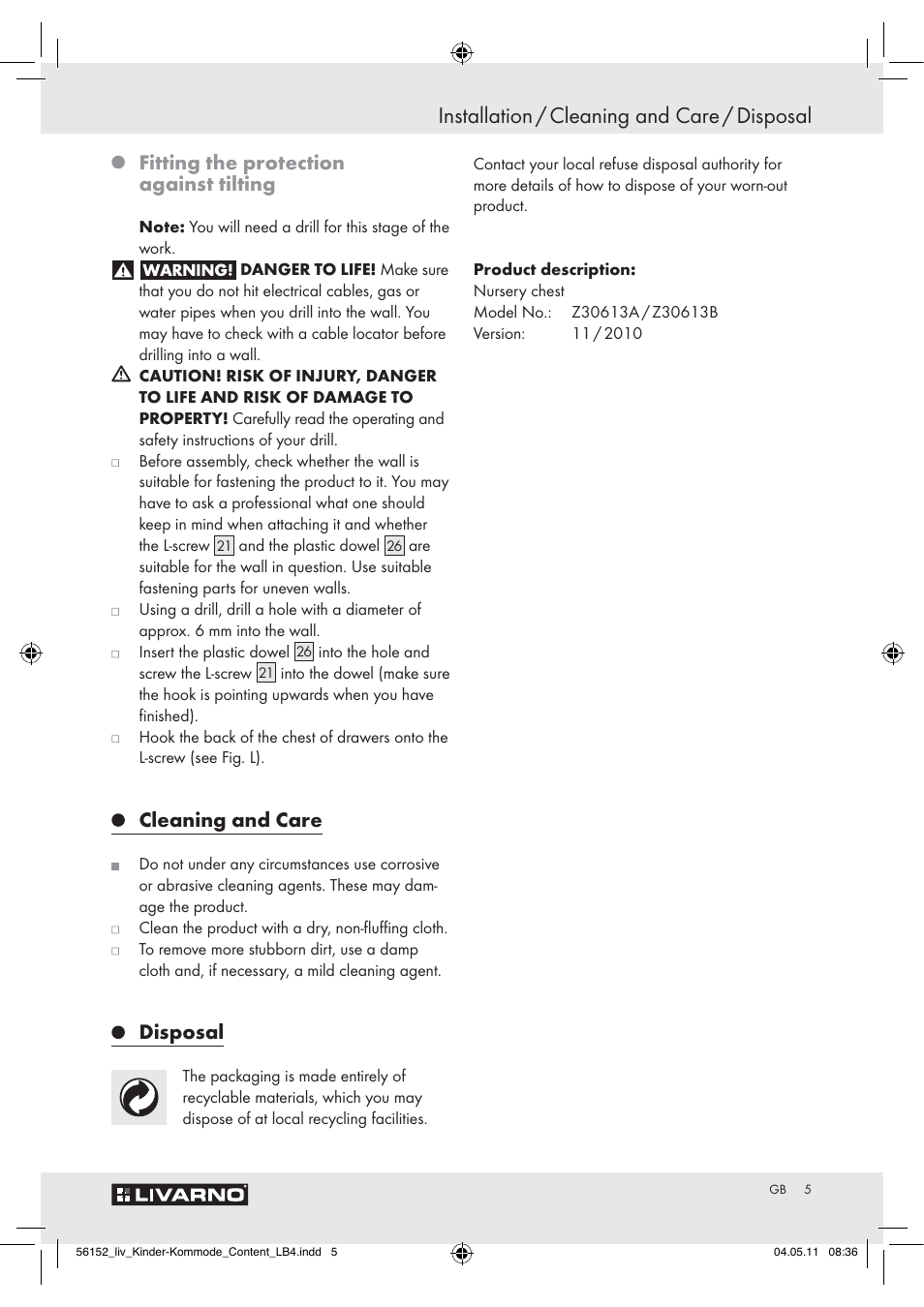 Installation / cleaning and care / disposal, Fitting the protection against tilting, Cleaning and care | Disposal | Livarno Z30613A/Z30613B User Manual | Page 3 / 24